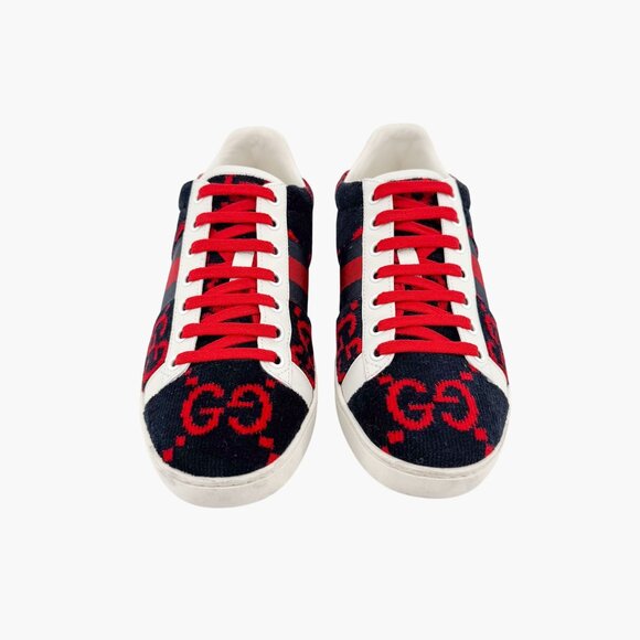 Gucci Ace Sneakers EU 38 US 8 Navy Blue & Red GG Monogram Corduroy Low Top Shoe - Picture 3 of 12